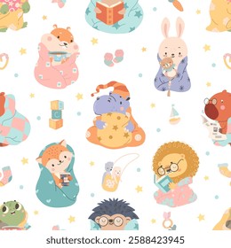 Cozy animals seamless pattern. Lion hippo hamster fox bunny in warm blankets and plaids. Cartoon animals childish print for fabric, nowaday vector background