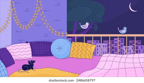 Cozy apartment balcony at night 2D cartoon background. Couch pillows, string of lights. Comfortable colorful aesthetic vector illustration, nobody. Hygge terrace flat wallpaper art, lofi image