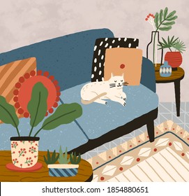 Cozy apartment interior with comfortable sofa, houseplants and flowers in vase. Sleeping cat on comfy couch in hygge living room. Flat vector textured illustration of modern home design