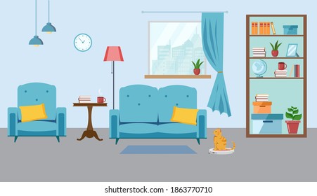 Cozy apartment interior with a sofa and a view from the window. The cat is sitting on a robot vacuum cleaner