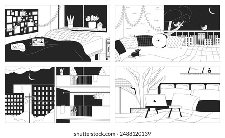 Cozy apartment at night outline 2D cartoon background set. Comfortable home interior nighttime linear aesthetic vector illustrations. Evening flat wallpaper art, monochromatic lofi images collection