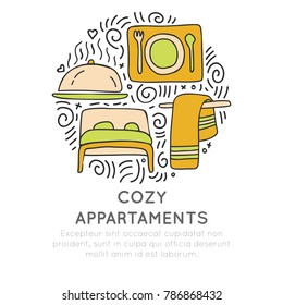 Cozy appartments hand draw cartoon vector icon concept. Bed, towel and food attributes about hotel and resorts in circle form with decorative elements. Hotel and resort icon collection. Set of cozy