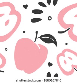 Cozy apple seamless pattern. Ripe apple, apple slice and seed on white background.  Can be used for wallpaper, fabric, wrapping paper or decoration. Vector hand drawn illustration