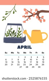 Calendario de abril acogedor con Elementos dibujados a mano Ilustración vectorial