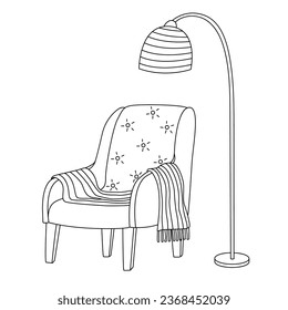 Cozy armchair with a blanket or plaid and floor lamp. Vector doodle hand drawn illustration black outline. 