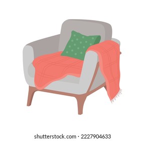 Cozy armchair with blanket semi flat color vector object. Editable element. Full sized item on white. Christmas festive decor simple cartoon style illustration for web graphic design and animation