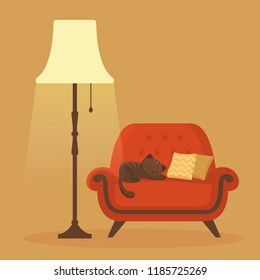 Cozy armchair with cat, pillows and floor lamp. Living room interior with chair. Vector illustration.