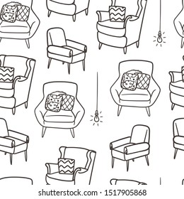 Cozy armchair doodle style hand drawn seamless pattern. Stock vector