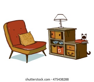 A cozy armchair, a kitten and a bookcase. Tansu chest drawer. Vector hand-drawn sketch
