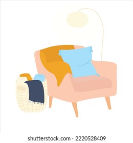 Cozy armchair with lamps. Soft pillows and warm blankets vector stock illustration. isolated on a white background. Hygge winter interior