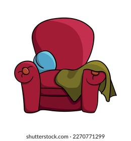 Cozy armchair with pillow and blanket colored doodle vector illustration. Isolated on white background