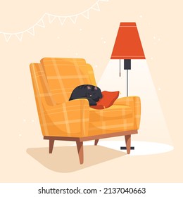 Cozy armchair with a sleeping cat. Cute stylish vector illustration. Cat sleeps on the couch. Perfect for furniture store, pet friendly cafe or hotel. Cozy home concept.