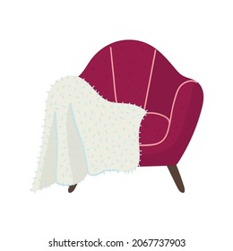 A cozy armchair and a warm blanket. Flat vector illustration.