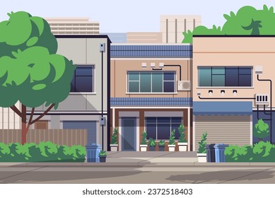 Cozy Asian cityscape front view. Houses in Japanese architectural style. Flat vector illustration