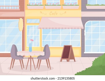 Ambiente acogedor de café callejero ilustración vectorial de color plano. El entorno agradable. Cafetería con asientos al aire libre en 2D, un paisaje de caricatura simple con tiendas en segundo plano. Tipo de letra de advertencia utilizado