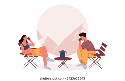 Cozy atmosphere of a summer tent camp. Young people drink tea in nature. Summer vacation. Journey