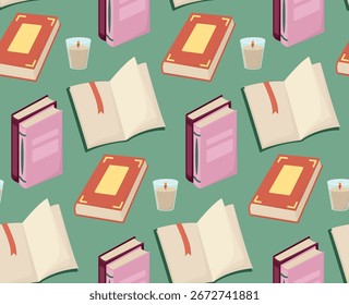 Modelo inconsútil acogedor y atmosférico con los libros y las velas ardientes. 