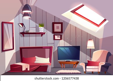 Cozy attic bedroom or guest room interior with uncovered bed, classic armchair and TV set cartoon vector illustration. Comfortable loft apartments or hotel room. House mansard floor with sloping roof