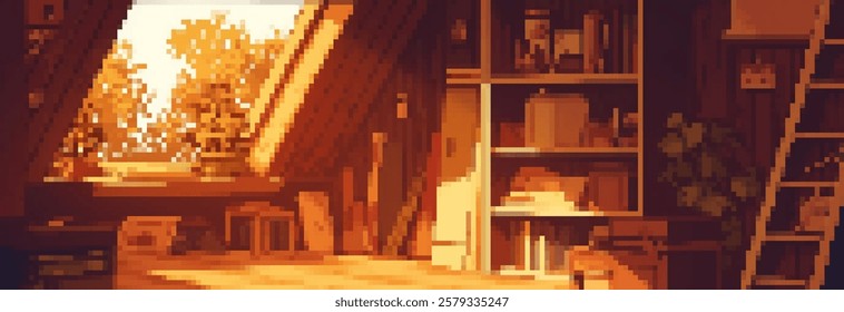 A cozy attic room with warm lighting, featuring a wooden table, bookshelves filled with books, and a window showcasing a sunny view with plants outside.