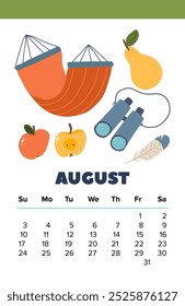 Calendario de agosto acogedor con Elementos dibujados a mano Ilustración vectorial