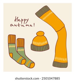 Cozy autumn accessories featuring an orange hat, warm leg warmer, and green socks