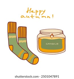 Cozy autumn ambiance with warm socks and a scented candle