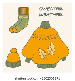 Cozy autumn apparel featuring an orange sweater, green socks, and a matching beanie