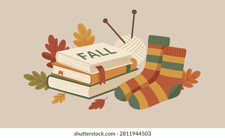 Cozy autumn arrangement featuring a stack of books, a ball of knitting wool, knitting needles, and warm striped socks.