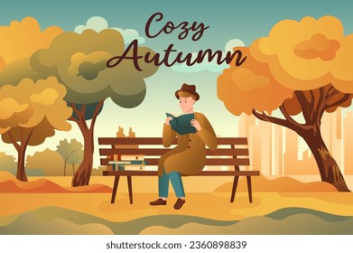 Cozy autumn background in a cartoon style. A respectable man looks at various documents in the park to enjoy the beautiful autumn weather. Vector illustration.
