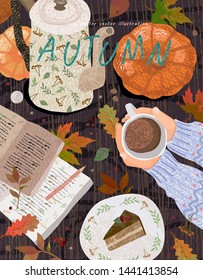 Cozy autumn background. Cute vector illustration of a table with objects: a cup of coffee, a notes with a pencil, a teapot, a pumpkin, a dessert and leaves. Top view of hands with cocoa. 