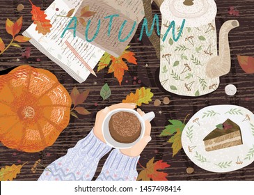 Cozy autumn background. Cute vector illustration of a table with objects: a cup of coffee, a notes with a pencil, a teapot, a pumpkin, a dessert and leaves. Top view of hands with cocoa. 