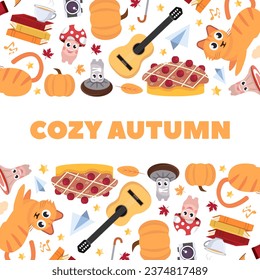 cozy autumn background. homely warm autumn atmosphere items, teapot, cat, leaves, mushrooms, umbrella, rainy days. vector cartoon items horizontal background.