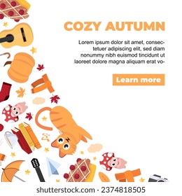 cozy autumn background. homely warm autumn atmosphere items, teapot, cat, leaves, mushrooms, umbrella, rainy days. vector cartoon items corner shaped background.