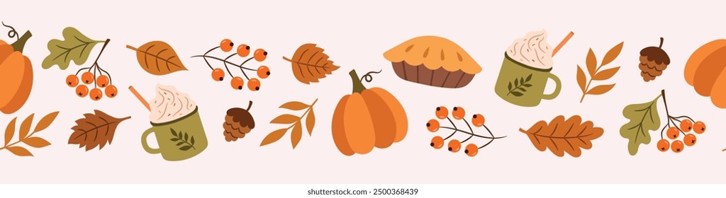 Acogedor Anuncio de otoño con café con leche, pastel, hojas, calabazas, hojas, conos