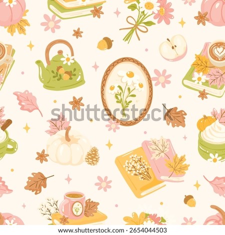 Cozy Autumn Bookish Seamless Pattern with Fall Leaves, Tea, Books, Pumpkins and Flowers

