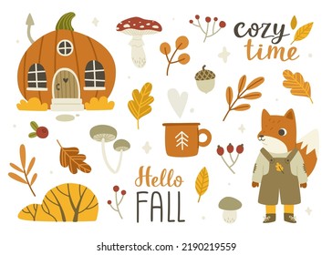 Cozy autumn bundle. Fairy tale autumn collection. Cute cartoon fall set.