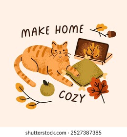 Cozy autumn card, home with cute cat enjoying by fireplace. Warm seasonal square background, postcard design. Hygge relaxing time, fall comfort with kitty, pillow and fire. Flat vector illustration