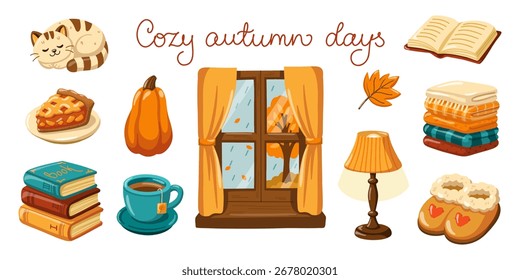 Cozy autumn cartoon vector set with cat, window, tea, pumpkin, lamp and blankets. Isolated illustration on white background. 