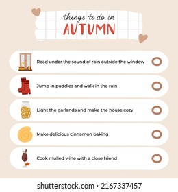 Gemütliche Herbstcheckliste mit allem, was im Herbst oder Herbst zu tun ist und die Saison voll genießen. Scrapbook leere Vorlage mit Bindegarnituren und saisonale Kleidung, Getränke, Dekoration. Für Planer, Notebooks.