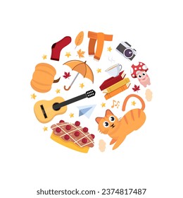 cozy autumn circle. homely warm autumn atmosphere items, teapot, cat, leaves, mushrooms, umbrella, rainy days. vector cartoon items circle shaped background.