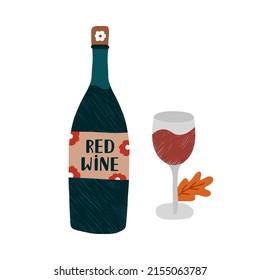 Cozy autumn clip art with seasonal drink. Bottle and glass of red wine with cute label and a leaf. Hygge hand drawn illustration isolated on background. Can be used for fabric, sticker, scrapbooking.