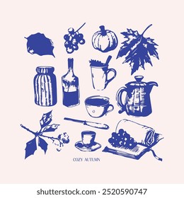 Cozy Autumn clipart with cacao mugs, pumpkin, fall foliage, tea pot, books, hand drawn traditional decor elements in trendy cottagecore style