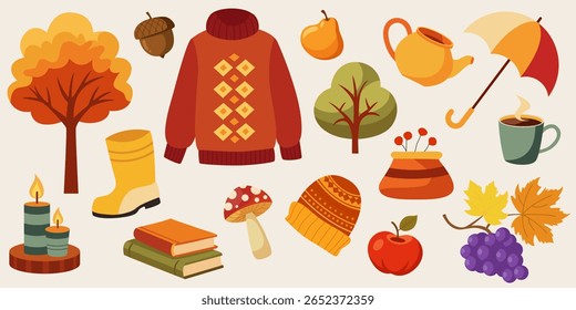 Cozy Autumn Clipart Set. Fall Season Objects, Sweater, Leaves, Tea, Books, and Mushrooms