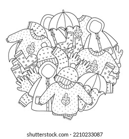 Cozy autumn clothes circle shape coloring page. Doodle warm clothes mandala for coloring book. Antistress activity for adults and kids. Vector illustration