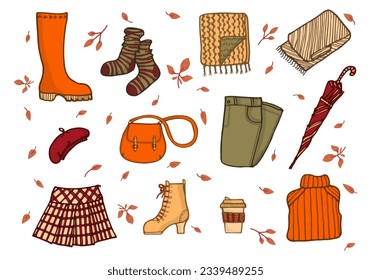 Cosas Acogedoras de Otoño. Juego de doodles de elementos de diseño. Cajonetas de caricatura, Ropa de goma, Paraguas, Calcetines, Bolso de mango, Boots, Falda, Beret, Suéter, Pantalones, Escaramuzas y Café.