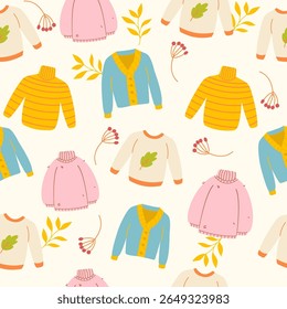 Cozy autumn clothes seamless pattern. Cute sweater background