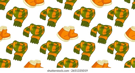 Cozy Autumn Clothes Seamless Pattern. Seamless cartoon pattern with warm orange slippers and checkered scarves. Flat design in seasonal colors for cozy lifestyle themes.