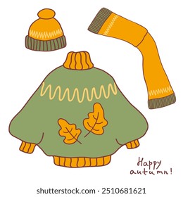 Cozy autumn clothing design featuring a warm sweater, scarf, and hat adorned with leaves in cheerful colors