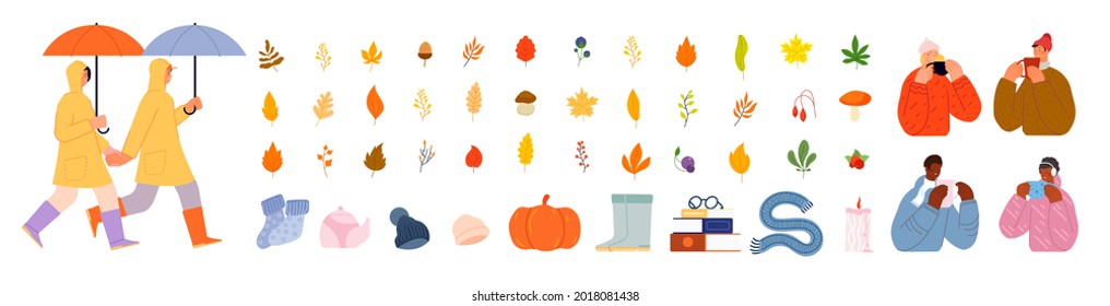 Cozy autumn collection. Cute fall, people man woman drinking hot drinks. Couple with umbrella, yellow leaves and berries. Seasonal giant utter vector set