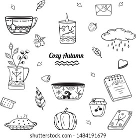 Cozy autumn collection of drawings. Set of hand drawn doodle elements about autumn.